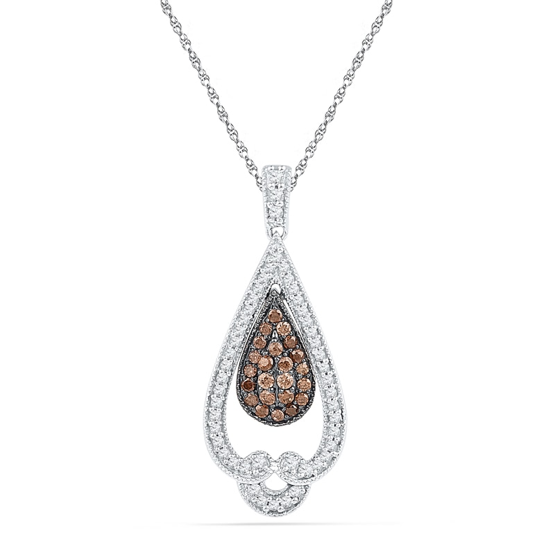 0.50 CT. T.W. Champagne and White Diamond Vintage-Style Teardrop Pendant in 10K White Gold|Peoples Jewellers