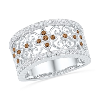 0.43 CT. T.W. Champagne and White Diamond Flower Scroll Band in 10K White Gold