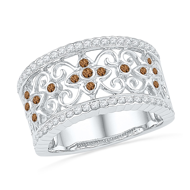 0.43 CT. T.W. Champagne and White Diamond Flower Scroll Band in 10K White Gold|Peoples Jewellers