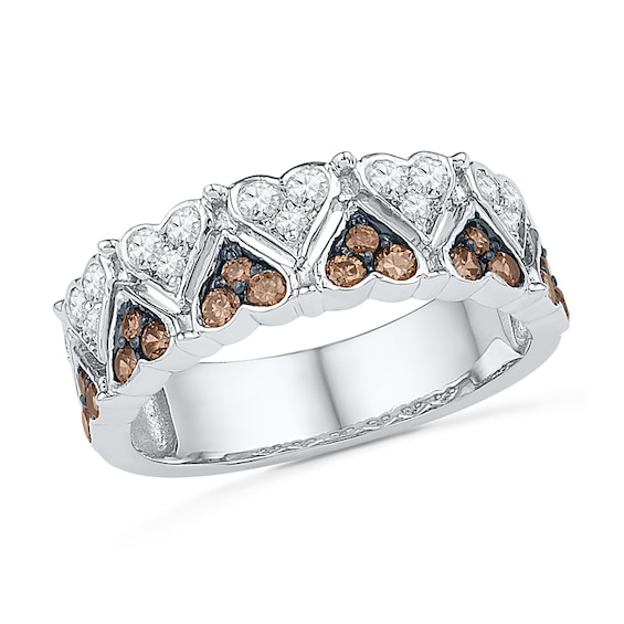 0.75 CT. T.W. Champagne and White Diamond Alternating Hearts Band in 10K White Gold