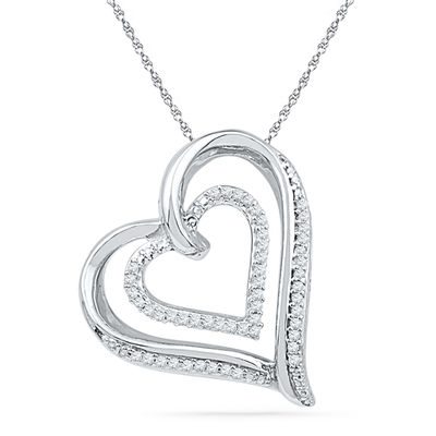 Diamond Accent Tilted Double Heart Pendant in Sterling Silver