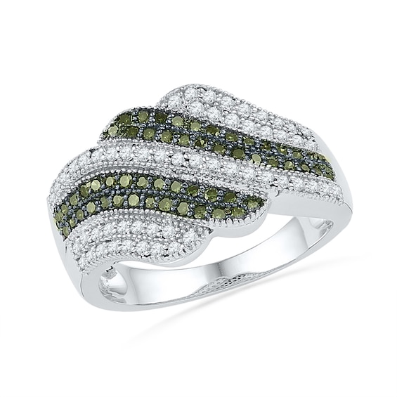 0.63 CT. T.W. Enhanced Green and White Diamond Waves Anniversary Ring in 10K White Gold