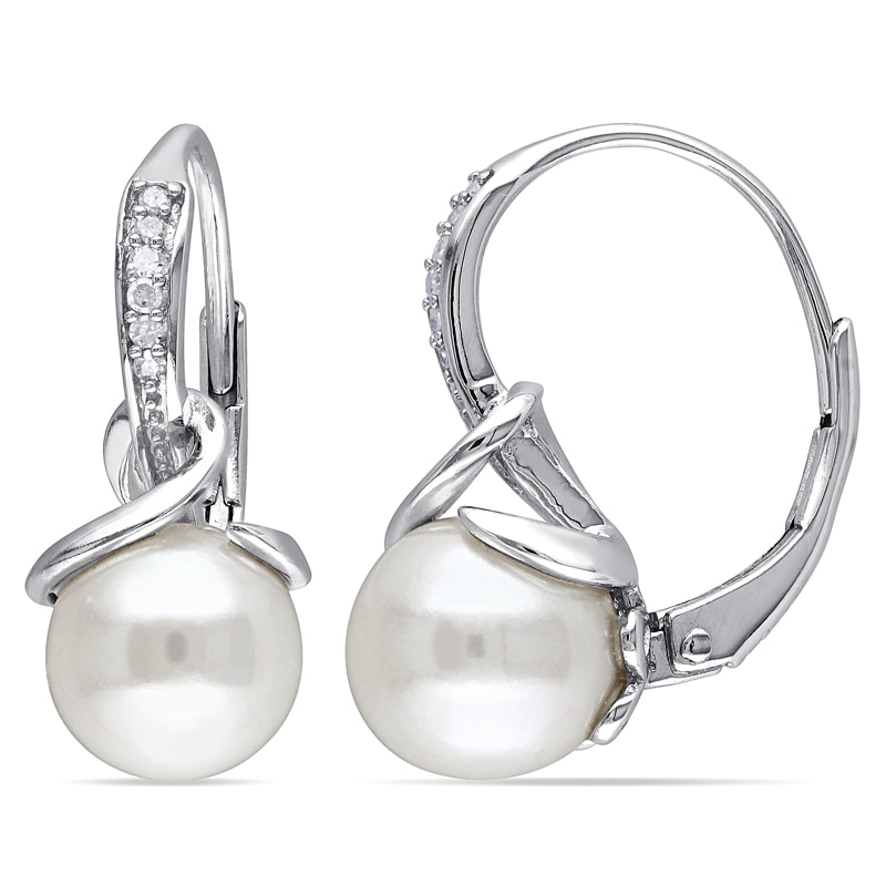 8.0-8.5mm Freshwater Cultured Pearl and 0.06 CT. T.W. Diamond Drop Earrings in Sterling Silver|Peoples Jewellers