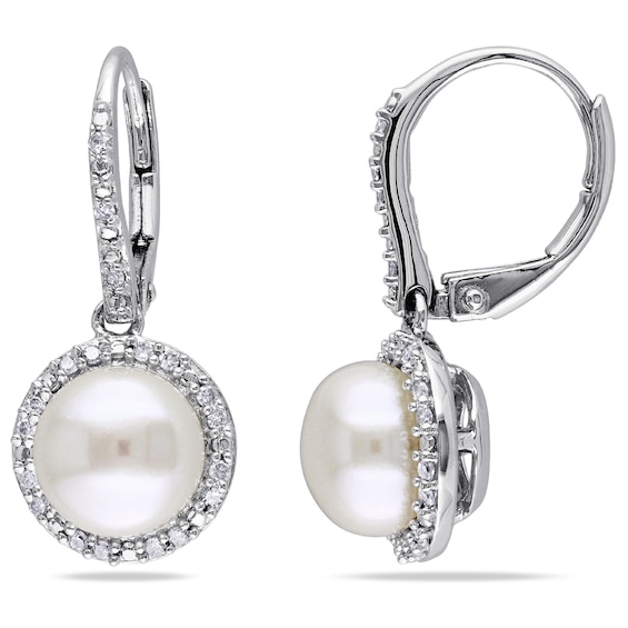 8.0-8.5mm Button Freshwater Cultured Pearl and 0.19 CT. T.W. Drop Earrings in Sterling Silver