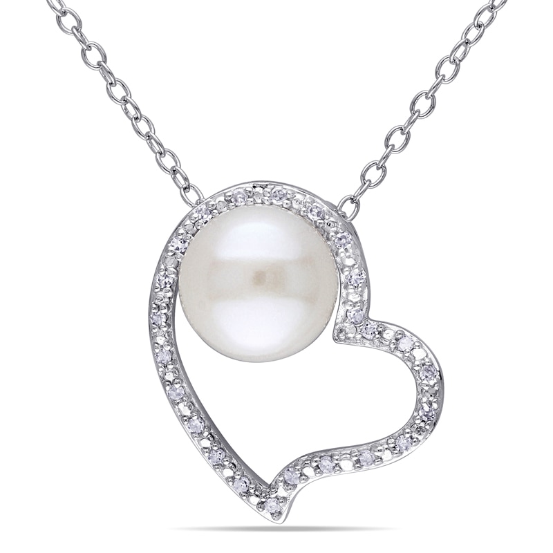 8.0-8.5mm Freshwater Cultured Pearl and 0.09 CT. T.W. Diamond Heart Pendant in Sterling Silver