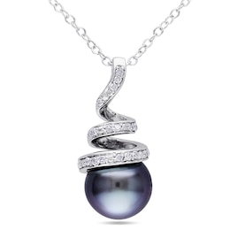 8.0-8.5mm Black Tahitian Cultured Pearl and 0.10 CT. T.W. Diamond Spiral Pendant in Sterling Silver