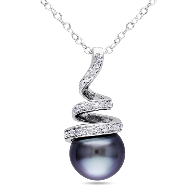 8.0-8.5mm Black Tahitian Cultured Pearl and 0.10 CT. T.W. Diamond Spiral Pendant in Sterling Silver|Peoples Jewellers