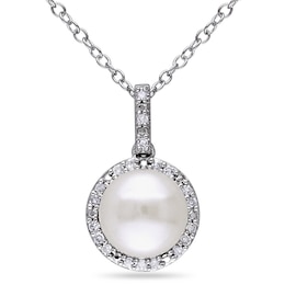 8.0-8.5mm Button Freshwater Cultured Pearl and 0.10 CT. T.W. Diamond Frame Drop Pendant in Sterling Silver