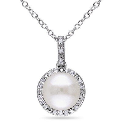 8.0-8.5mm Button Freshwater Cultured Pearl and 0.10 CT. T.W. Diamond Frame Drop Pendant in Sterling Silver