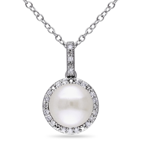 8.0-8.5mm Button Freshwater Cultured Pearl and 0.10 CT. T.W. Diamond Frame Drop Pendant in Sterling Silver