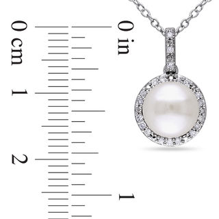 8.0-8.5mm Button Freshwater Cultured Pearl and 0.10 CT. T.W. Diamond Frame Drop Pendant in Sterling Silver