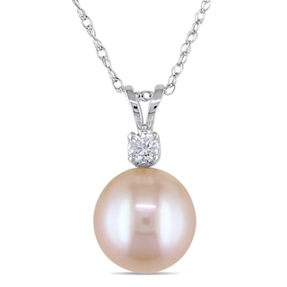 9.0-9.5mm Dyed Pink Freshwater Cultured Pearl and White Lab-Created Sapphire Pendant in 14K White Gold