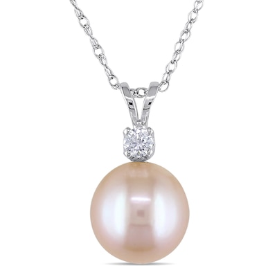 9.0-9.5mm Dyed Pink Freshwater Cultured Pearl and White Lab-Created Sapphire Pendant in 14K White Gold