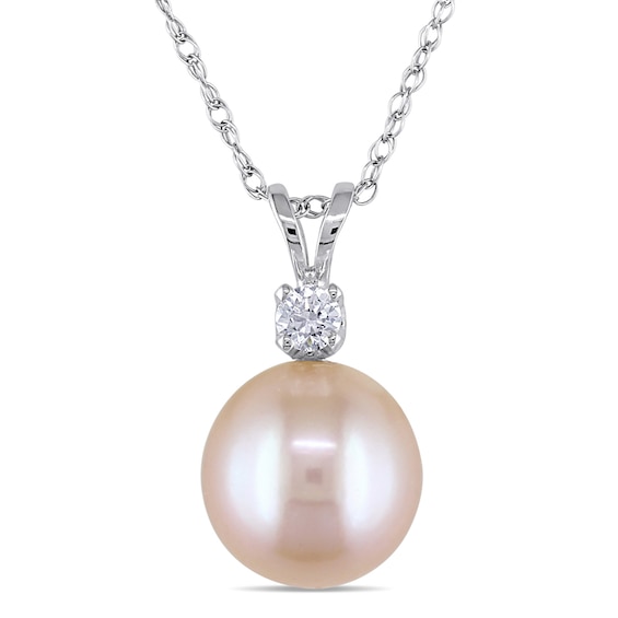 9.0-9.5mm Dyed Pink Freshwater Cultured Pearl and White Lab-Created Sapphire Pendant in 14K White Gold