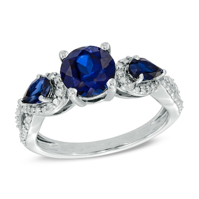 7.0mm Lab-Created Blue Sapphire and 0.15 CT. T.W. Diamond Ring in Sterling Silver