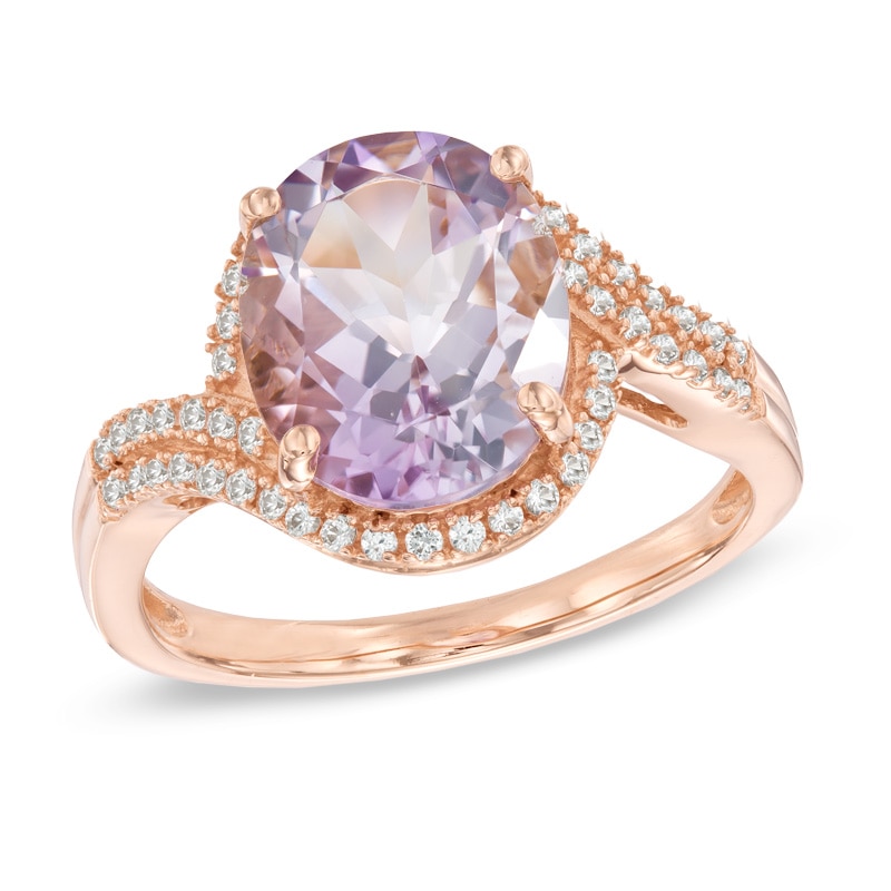 Oval Rose de France Amethyst and Lab-Created White Sapphire Ring in 10K Rose Gold