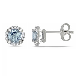 5.0mm Aquamarine and Diamond Accent Frame Stud Earrings in Sterling Silver
