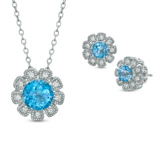 Swiss Blue Topaz and Lab-Created White Sapphire Flower Pendant and Earrings Set in Sterling Silver