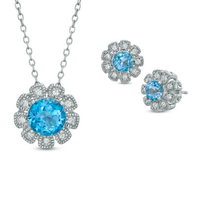 Swiss Blue Topaz and Lab-Created White Sapphire Flower Pendant and Earrings Set in Sterling Silver