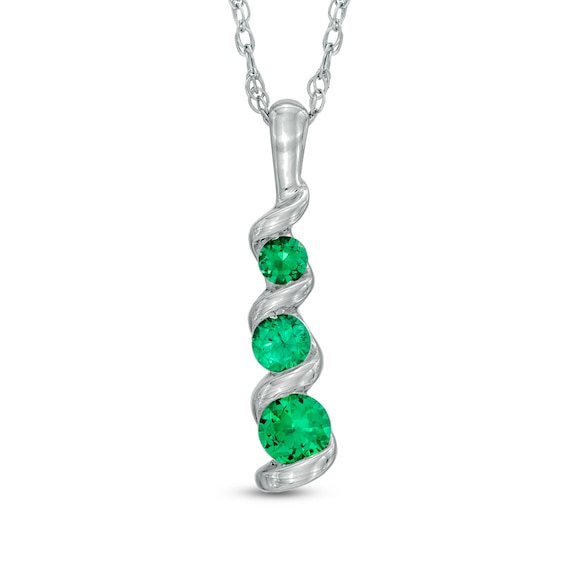 Lab-Created Emerald Three Stone Swirl Pendant in 10K White Gold