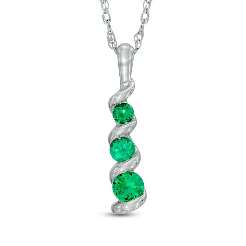 Lab-Created Emerald Three Stone Swirl Pendant in 10K White Gold|Peoples Jewellers