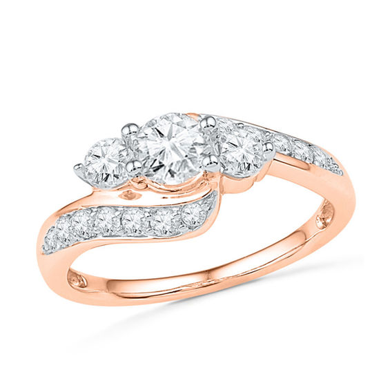 Lab-Created White Sapphire Three Stone Bypass Ring in 10K Rose Gold