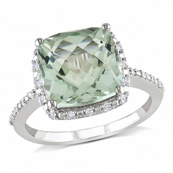 10.0mm Cushion-Cut Green Quartz and 0.10 CT. T.W. Diamond Frame Ring in 10K White Gold