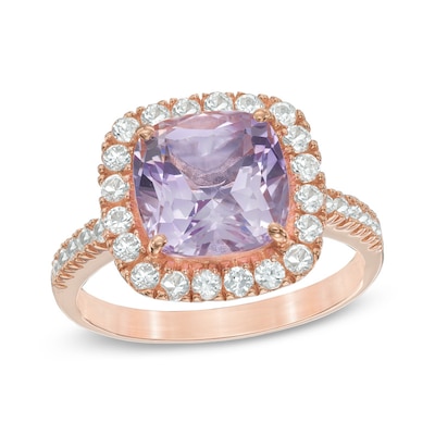 Rose de France Amethyst and Lab-Created White Sapphire Frame Ring in Sterling Silver with 14K Rose Gold Plate