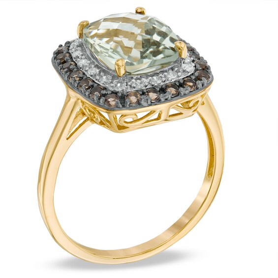 Cushion-Cut Green and Smoky Quartz with Diamond Accent Ring in 10K Gold