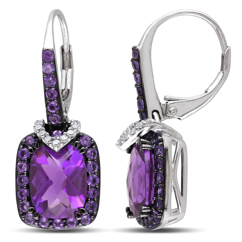 Cushion-Cut Amethyst and 0.09 CT. T.W. Diamond Drop Earrings in Sterling Silver with Black Rhodium|Peoples Jewellers