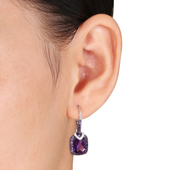 Cushion-Cut Amethyst and 0.09 CT. T.W. Diamond Drop Earrings in Sterling Silver with Black Rhodium