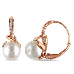 8.0-8.5mm Freshwater Cultured Pearl and 0.06 CT. T.W. Diamond Drop Earrings in Sterling Silver with Rose Rhodium