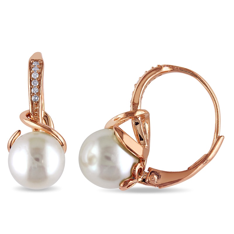 8.0-8.5mm Freshwater Cultured Pearl and 0.06 CT. T.W. Diamond Drop Earrings in Sterling Silver with Rose Rhodium|Peoples Jewellers