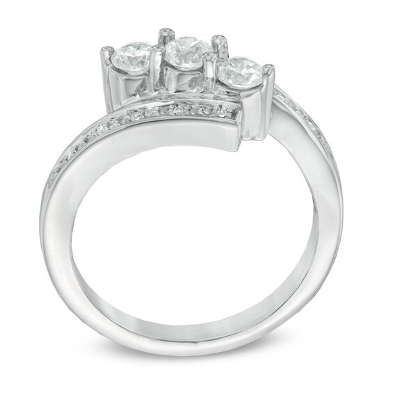 Lab-Created White Sapphire and Diamond Accent Three Stone Bypass Ring in Sterling Silver