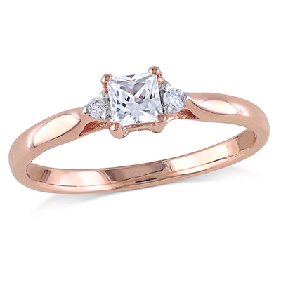 Princess-Cut White Lab-Created Sapphire and 0.04 CT. T.W. Diamond Promise Ring in Sterling Silver with Rose Rhodium