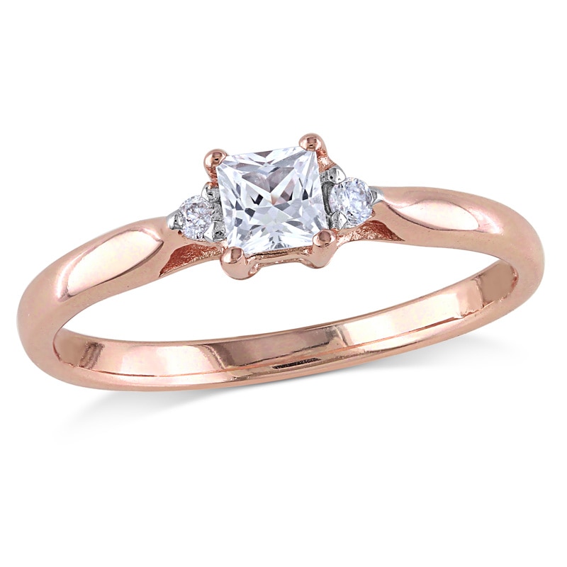 Princess-Cut White Lab-Created Sapphire and 0.04 CT. T.W. Diamond Promise Ring in Sterling Silver with Rose Rhodium|Peoples Jewellers