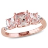 Thumbnail Image 0 of 6.0mm Cushion-Cut Morganite and 0.04 CT. T.W. Diamond Three Stone Ring in Sterling Silver with Rose Rhodium