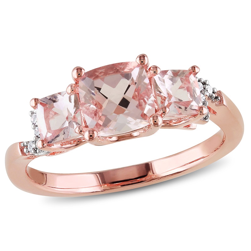 6.0mm Cushion-Cut Morganite and 0.04 CT. T.W. Diamond Three Stone Ring in Sterling Silver with Rose Rhodium