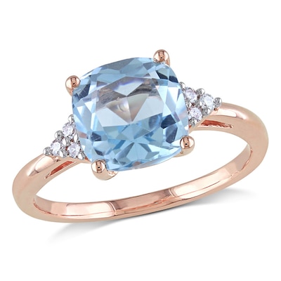 8.0mm Cushion-Cut Sky Blue Topaz and 0.06 CT. T.W. Diamond Ring in 10K Rose Gold