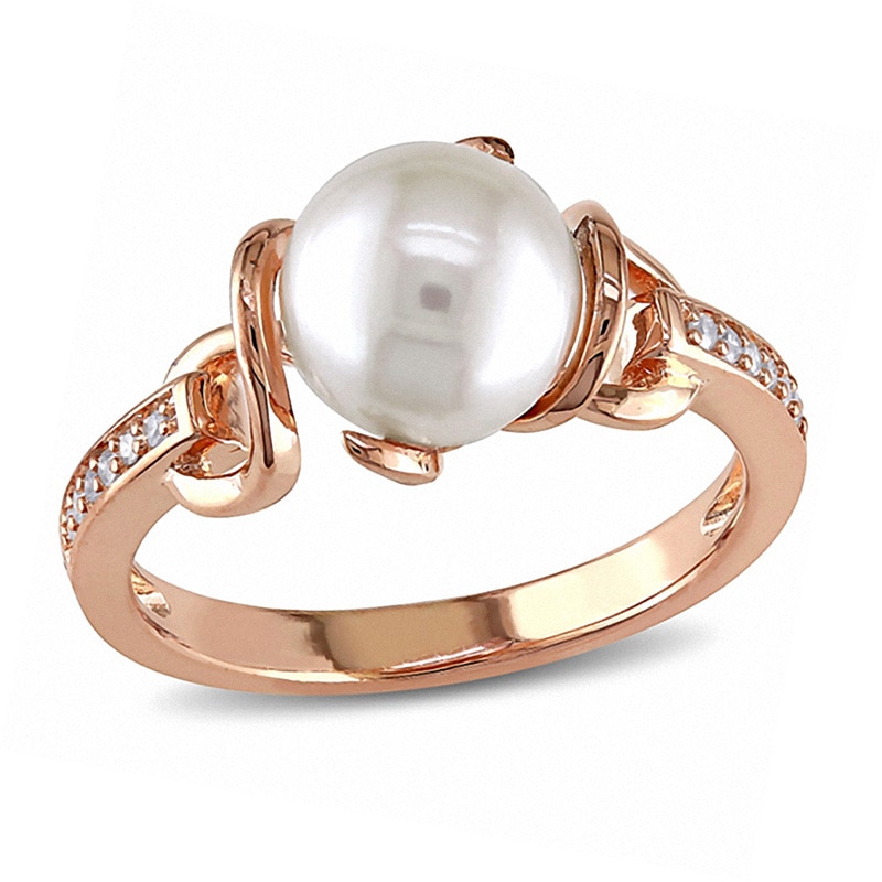 8.0-8.5mm Freshwater Cultured Pearl and 0.06 CT. T.W. Diamond Ring in Sterling Silver with Rose Rhodium
