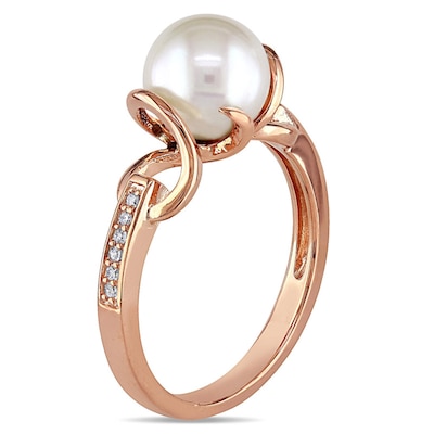 8.0-8.5mm Freshwater Cultured Pearl and 0.06 CT. T.W. Diamond Ring in Sterling Silver with Rose Rhodium