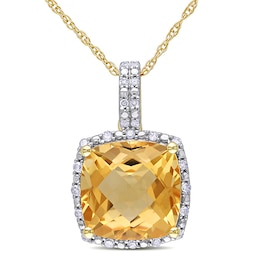 10.0mm Cushion-Cut Citrine and 0.10 CT. T.W. Diamond Frame Pendant in 10K Gold - 17&quot;