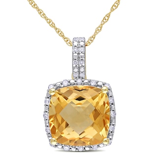 10.0mm Cushion-Cut Citrine and 0.10 CT. T.W. Diamond Frame Pendant in 10K Gold - 17"