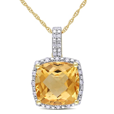 10.0mm Cushion-Cut Citrine and 0.10 CT. T.W. Diamond Frame Pendant in 10K Gold - 17"