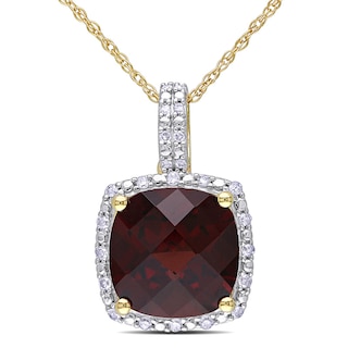 10.0mm Cushion-Cut Garnet and 0.10 CT. T.W. Diamond Frame Pendant in 10K Gold - 17"