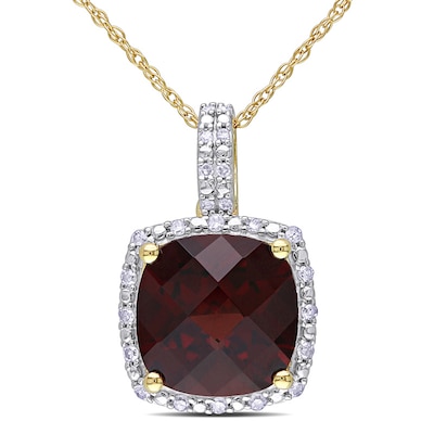 10.0mm Cushion-Cut Garnet and 0.10 CT. T.W. Diamond Frame Pendant in 10K Gold - 17"