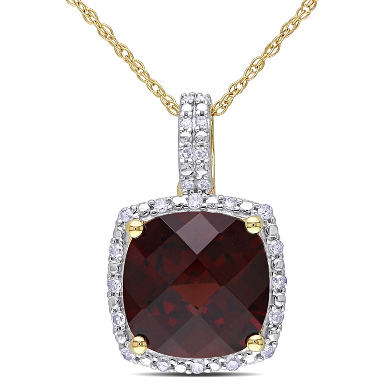 10.0mm Cushion-Cut Garnet and 0.10 CT. T.W. Diamond Frame Pendant in 10K Gold - 17"|Peoples Jewellers