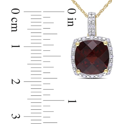 10.0mm Cushion-Cut Garnet and 0.10 CT. T.W. Diamond Frame Pendant in 10K Gold - 17"