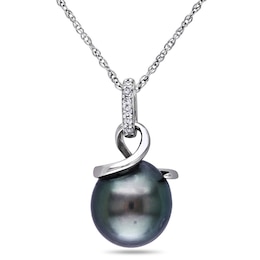 8.0-8.5mm Black Tahitian Cultured Pearl and Diamond Accent Swirl Pendant in 10K White Gold-17&quot;