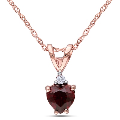 5.0mm Heart-Shaped Garnet and Diamond Accent Pendant in 10K Rose Gold - 17"